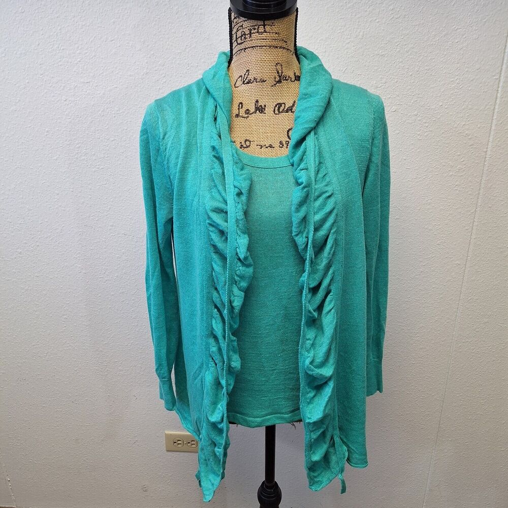 Lafayette 148 New York Linen Knit Cardigan Adjustable Ruching Detail Aqua 2P